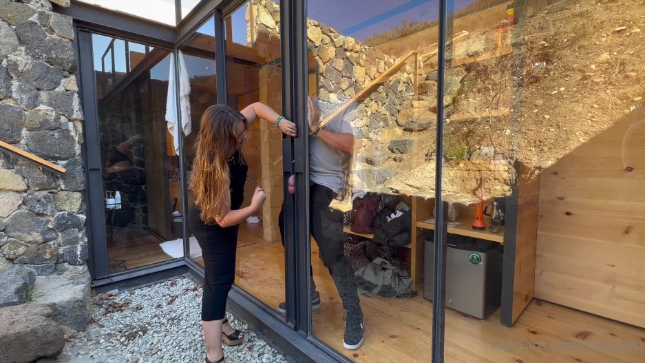 Miss Lady P - A sliding glass door. for punishing pathetic useless little boys balls